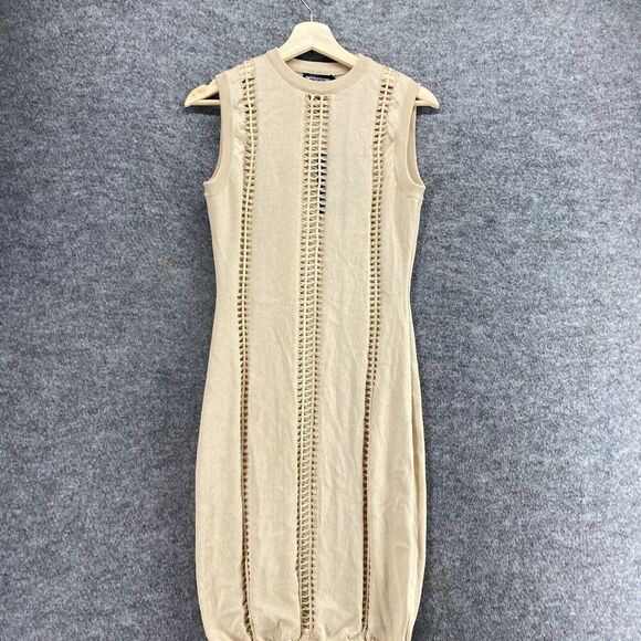 New PRETTYLITTLETHING Dress Women 10 Beige Sheath Midi Crew Neck Sleeveless - Picture 3 of 12